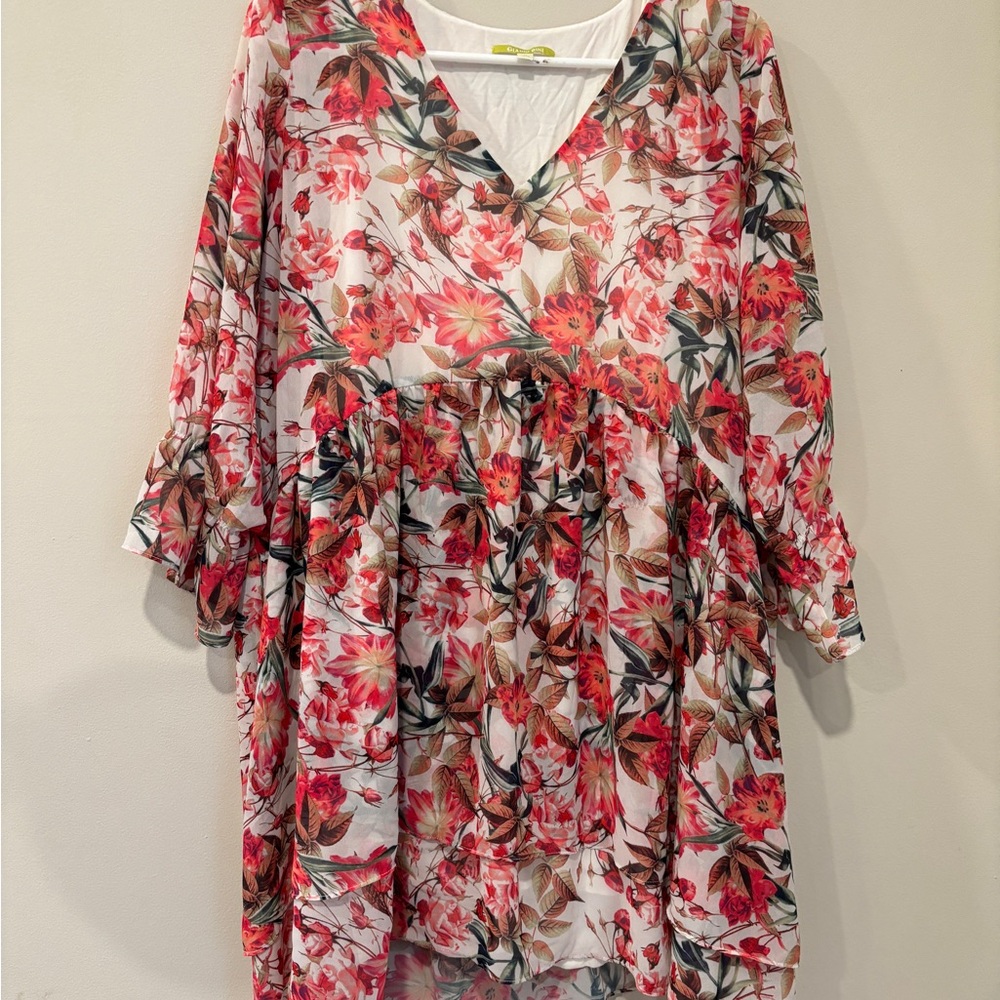 Women’s Size M Gianni Bini Peach Floral Boho Dress with Ruffle EUC